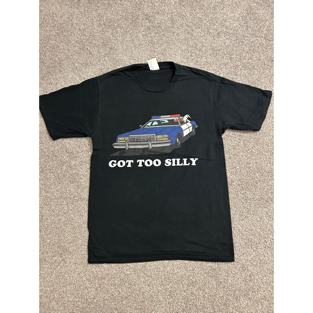 VTG Got Too Silly T-Shirt Unisex Small Black Excellent Goose Police Car Tee